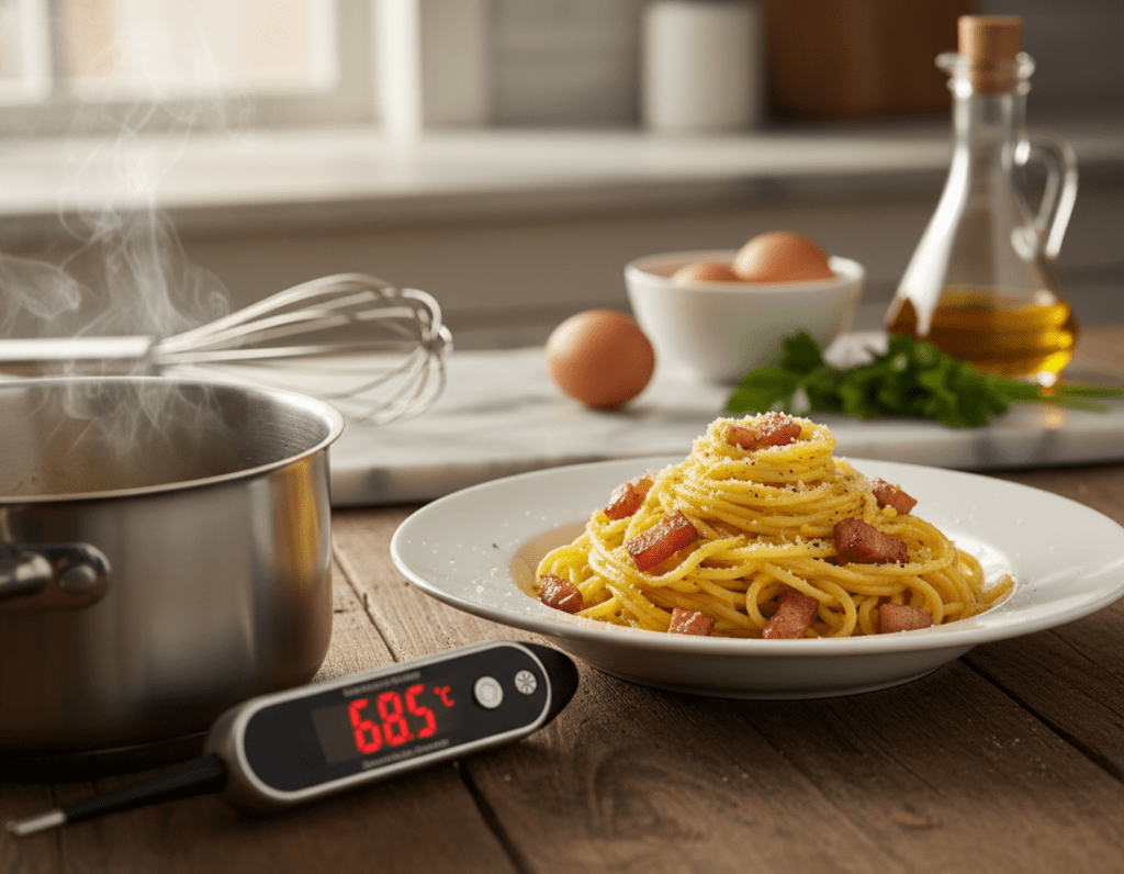 A close-up view of a beautifully plated Spaghetti Carbonara on a wooden dining table, showcasing perfectly cooked pasta coated in a creamy egg yolk sauce, with crispy guanciale pieces glistening in the light. In the foreground, a sleek digital thermometer rests beside a simmering pot, indicating the optimal temperature for mixing the eggs without curdling. Soft, warm lighting creates a cozy atmosphere, emphasizing the richness of the dish. In the background, blurred kitchen elements like fresh ingredients and utensils convey a professional cooking environment. The shot is taken from a slightly elevated angle to capture the textures of the pasta and sauce, inviting the viewer into the cooking experience.