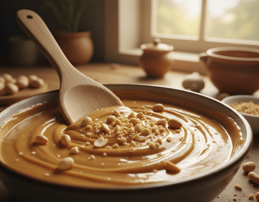 A close-up view of a bowl of smooth, creamy peanut sauce, showcasing its perfect consistency. The foreground features the saucy texture, highlighting its glossy, thick appearance, with subtle swirls and a few peanuts scattered around for garnish. In the middle, include a wooden spatula resting on the edge of the bowl, suggesting a homemade touch. The background should be softly blurred, revealing a rustic kitchen setting with a warm ambiance, including wooden countertops and natural light streaming in from a nearby window. The overall mood is inviting and appetizing, emphasizing the art of making homemade peanut sauce with an emphasis on texture.