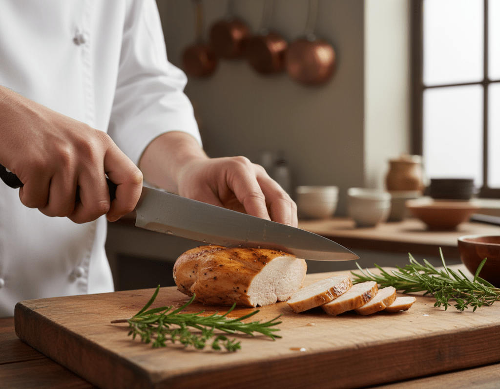 A close-up view of a chef skillfully slicing tender chicken breast on a wooden cutting board, with juices glistening on the surface. In the foreground, the knife is perfectly positioned to showcase its sharpness, while thin, neatly cut strips of chicken lie beside it, illustrating the proper technique. The middle ground features fresh herbs like rosemary and thyme, adding a vibrant pop of green to the scene. The background softly blurs, revealing a cozy kitchen environment with warm, diffused light illuminating the cutting board, creating a homely and inviting atmosphere. The mood is calm and focused, emphasizing the importance of preparation in cooking.