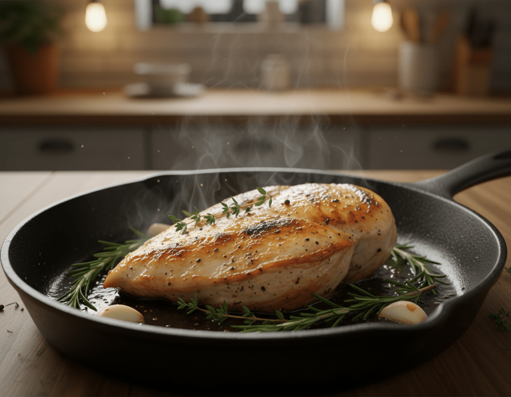 A close-up view of a chicken breast sizzling in a frying pan, showcasing the golden-brown sear on the meat. The pan is surrounded by fresh herbs like rosemary and thyme for added color and vibrant green accents. In the background, a blurred kitchen setting with warm, ambient lighting creates a cozy atmosphere, enhancing the culinary feel. The focus is sharp on the chicken breast, while the frying pan is slightly angled to suggest depth. The use of soft, natural light highlights the juiciness and texture of the chicken, making it look appetizing and ready to serve. The overall mood is inviting and homey, perfect for a classic cooking scene. A close-up view of a chicken breast sizzling in a frying pan, showcasing the golden-brown sear on the meat. The pan is surrounded by fresh herbs like rosemary and thyme for added color and vibrant green accents. In the background, a blurred kitchen setting with warm, ambient lighting creates a cozy atmosphere, enhancing the culinary feel. The focus is sharp on the chicken breast, while the frying pan is slightly angled to suggest depth. The use of soft, natural light highlights the juiciness and texture of the chicken, making it look appetizing and ready to serve. The overall mood is inviting and homey, perfect for a classic cooking scene.
