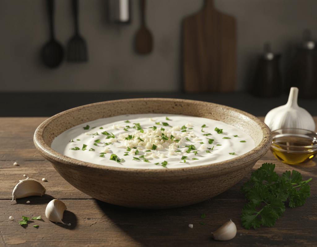 A close-up view of a creamy garlic sauce base, elegantly presented in a rustic ceramic bowl on a wooden kitchen countertop. The sauce appears rich and thick, with visible garlic pieces and herbs sprinkled on top, highlighting its fresh ingredients. Surrounding the bowl are scattered whole garlic cloves, a sprig of parsley, and a small dish of olive oil, adding a touch of color. Soft, warm lighting casts gentle shadows, creating a cozy and inviting atmosphere. In the background, out of focus, there's a blurred glimpse of a kitchen scene with utensils and a faintly visible cutting board. The overall mood is homely, emphasizing the idea of homemade culinary creation.