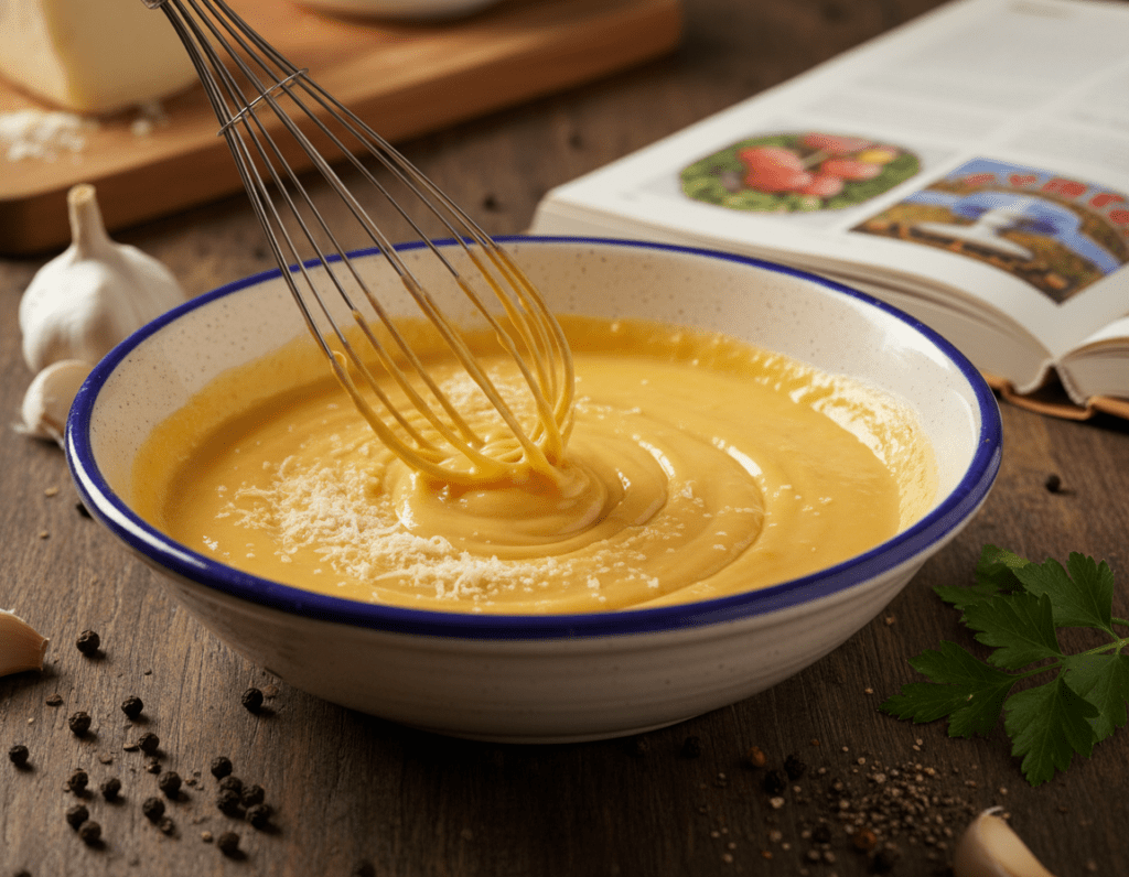 A close-up view of a delicate and creamy carbonara egg and cheese mixture, showcasing rich, golden egg yolks blended with freshly grated Parmigiano-Reggiano and Pecorino Romano cheeses. The creamy mixture is being whisked in a rustic ceramic bowl, surrounded by ingredients such as cracked black pepper, garlic cloves, and a sprig of parsley for garnish. In the background, a softly lit kitchen setting with wooden countertops and an Italian cookbook open, adding warmth and authenticity to the scene. The lighting is warm and inviting, highlighting the textures and colors of the ingredients. Capture the essence of traditional Italian cooking with an emphasis on the creamy, unctuous quality of the egg and cheese blend.