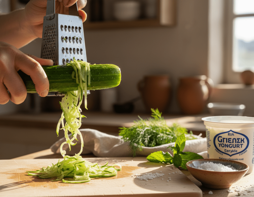 A close-up view of a fresh cucumber being prepared for tzatziki, showcasing its vibrant green skin and watery texture. The foreground features a skilled hand using a grater to shred the cucumber, with some beautiful, curly cucumber ribbons falling onto a wooden cutting board. In the middle, a bowl of sea salt and a traditional Greek yogurt container sits off to the side, hinting at the upcoming ingredients. The background is softly blurred, with fresh herbs like dill or mint and a rustic kitchen setting to evoke a homey atmosphere. Natural sunlight filters in, casting gentle shadows, creating a warm and inviting mood. The focus is on the meticulous preparation process, emphasizing how to avoid a watery tzatziki. A close-up view of a fresh cucumber being prepared for tzatziki, showcasing its vibrant green skin and watery texture. The foreground features a skilled hand using a grater to shred the cucumber, with some beautiful, curly cucumber ribbons falling onto a wooden cutting board. In the middle, a bowl of sea salt and a traditional Greek yogurt container sits off to the side, hinting at the upcoming ingredients. The background is softly blurred, with fresh herbs like dill or mint and a rustic kitchen setting to evoke a homey atmosphere. Natural sunlight filters in, casting gentle shadows, creating a warm and inviting mood. The focus is on the meticulous preparation process, emphasizing how to avoid a watery tzatziki.