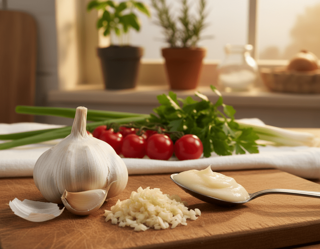 A close-up view of a fresh garlic bulb, its cloves slightly peeled to reveal the creamy white interior. In the foreground, a wooden cutting board with finely chopped garlic and a spoonful of garlic paste, glistening under soft, warm light. In the middle ground, a vibrant assortment of colorful vegetables such as tomatoes, green onions, and parsley, arranged artistically to signify health benefits. The background features a blurred kitchen setting with herbs in pots, creating a homely atmosphere. The lighting should evoke a warm, inviting feel, emphasizing the freshness and naturalness of the ingredients. Capture a sense of wellness and vitality, befitting the theme of nutritional values and health benefits of garlic.