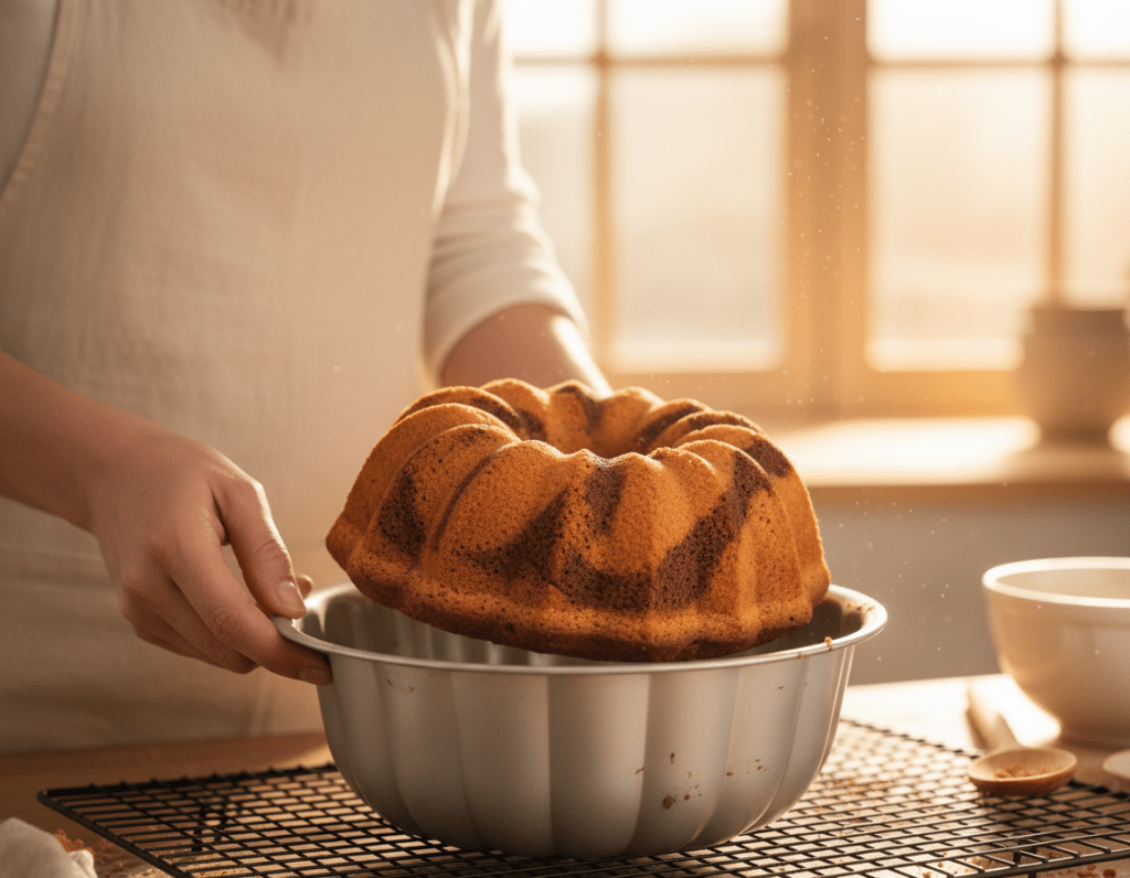 A close-up view of a freshly baked Gugelhupf cake being gently removed from a Bundt pan. The cake, with its marbled pattern of chocolate and vanilla, is perfectly golden brown, with a slightly glossy surface. In the foreground, a hand in modest clothing is carefully lifting the cake, showcasing its smooth texture and moist appearance. The middle ground features the pan, with hints of the remaining batter and crumbs. The background is a softly blurred kitchen scene, with warm, inviting lighting filtering through a window, creating an atmosphere of home baking. The image captures the delicate moment of release, emphasizing the care and attention to detail in baking.
