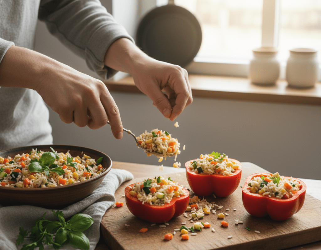 A close-up view of a hands-on cooking scene featuring a person in modest casual clothing, filling vibrant red bell peppers with a mixture of rice, vegetables, and herbs. The foreground should focus on the bright, colorful ingredients, with rice spilling slightly around the peppers to create a sense of motion. In the middle, showcase the partially filled peppers arranged on a wooden cutting board, while a bowl of seasoned rice sits nearby, accented by fresh herbs like parsley and basil. The background should be a softly blurred kitchen setting, with warm, inviting light coming from a window, creating a cozy atmosphere. Capture this moment from a slightly elevated angle to highlight both the filling process and the delicious ingredients. The mood should evoke a sense of comfort and culinary creativity.