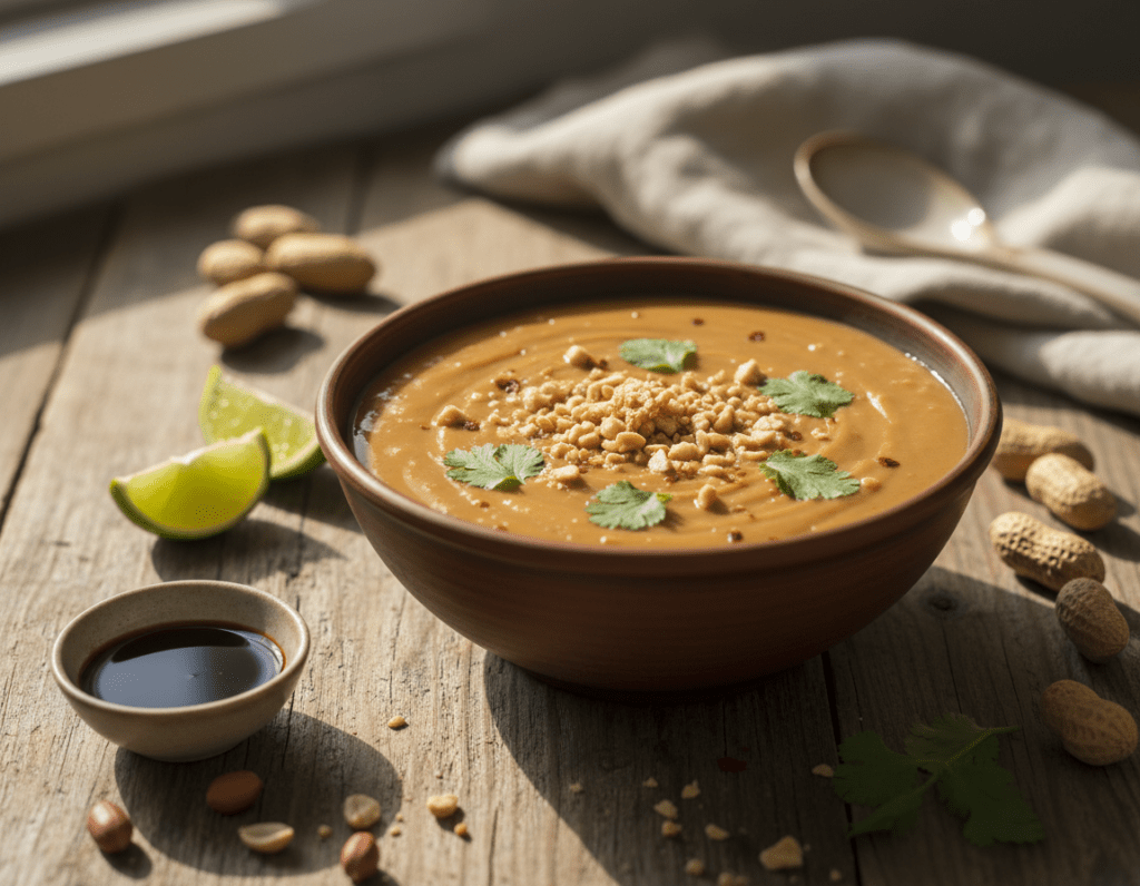 A close-up view of a healthy peanut sauce bowl, creatively presented with vibrant colors and textures. The bowl is filled with a creamy, light brown sauce, garnished artistically with crushed peanuts and fresh herbs like cilantro. Surrounding the bowl, scattered ingredients such as whole peanuts, lime wedges, and a small dish of soy sauce create a visually appealing and nutritious feel. The background features a rustic wooden kitchen table, softly lit by natural sunlight streaming in from a window, creating warm shadows. The mood is inviting and wholesome, emphasizing the health benefits and homemade nature of the peanut sauce. The composition is shot with a shallow depth of field, bringing the focus to the peanut sauce while softly blurring the background for an enhanced visual atmosphere.