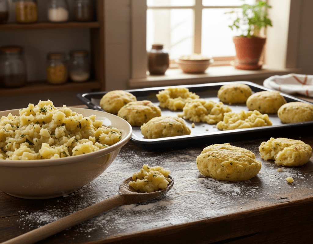 A close-up view of a kitchen counter showcasing a variety of poorly made Kartoffelknödel, some falling apart and others unevenly shaped. In the foreground, a wooden spoon rests next to a bowl of lumpy potato mixture, with bits of flour scattered around, emphasizing the chaos of the cooking process. The middle ground features a tray of imperfect dumplings, with some overcooked, while others are still raw. In the background, a warm, rustic kitchen ambiance with light streaming through a window highlights the cooking mishap, creating a contrast between the inviting space and the failed dish. The atmosphere feels slightly chaotic yet hopeful, as if there's a desire to improve and retry. Soft natural lighting enhances the textures of the potatoes and flour. A close-up view of a kitchen counter showcasing a variety of poorly made Kartoffelknödel, some falling apart and others unevenly shaped. In the foreground, a wooden spoon rests next to a bowl of lumpy potato mixture, with bits of flour scattered around, emphasizing the chaos of the cooking process. The middle ground features a tray of imperfect dumplings, with some overcooked, while others are still raw. In the background, a warm, rustic kitchen ambiance with light streaming through a window highlights the cooking mishap, creating a contrast between the inviting space and the failed dish. The atmosphere feels slightly chaotic yet hopeful, as if there's a desire to improve and retry. Soft natural lighting enhances the textures of the potatoes and flour.