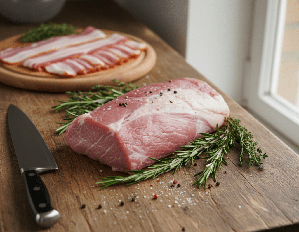 A close-up view of a kitchen counter with a beautifully prepared pork tenderloin (Schweinefilet) ready for wrapping in bacon. The tenderloin is well-trimmed and marbled, showcasing its pinkish hue against a background of fresh herbs like rosemary and thyme, accentuating a rustic charm. A sharp chef's knife is placed beside the meat, glistening under warm kitchen lighting. In the background, a wooden cutting board holds slices of crispy bacon, adding texture to the scene. Soft, natural light streams in from a nearby window, creating a cozy, inviting atmosphere. The camera angle focuses directly on the tenderloin, emphasizing the preparation stage, with a shallow depth of field to softly blur the non-focal elements while keeping the pork in sharp focus. A close-up view of a kitchen counter with a beautifully prepared pork tenderloin (Schweinefilet) ready for wrapping in bacon. The tenderloin is well-trimmed and marbled, showcasing its pinkish hue against a background of fresh herbs like rosemary and thyme, accentuating a rustic charm. A sharp chef's knife is placed beside the meat, glistening under warm kitchen lighting. In the background, a wooden cutting board holds slices of crispy bacon, adding texture to the scene. Soft, natural light streams in from a nearby window, creating a cozy, inviting atmosphere. The camera angle focuses directly on the tenderloin, emphasizing the preparation stage, with a shallow depth of field to softly blur the non-focal elements while keeping the pork in sharp focus.