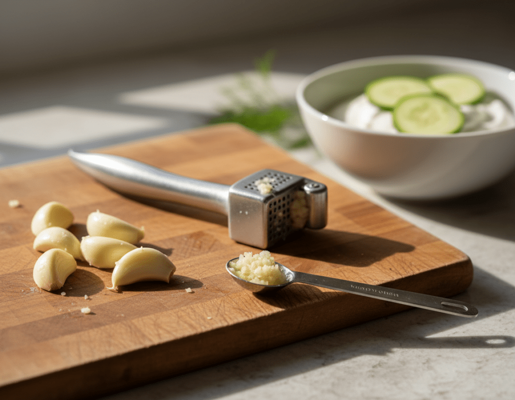 A close-up view of a kitchen countertop featuring a cutting board with freshly peeled garlic cloves and a garlic press. The scene should include a measuring spoon nearby, partially filled with minced garlic, conveying the process of measuring for tzatziki. In the background, there is a bowl of creamy yogurt and fresh cucumber slices, hinting at the preparation of the dish. Soft, warm lighting enhances the inviting atmosphere, giving a cozy kitchen feel. The focus should be on the garlic and measuring tools, with a shallow depth of field blurring the background slightly for emphasis. The overall mood is fresh and appetizing, perfect for illustrating a cooking process. A close-up view of a kitchen countertop featuring a cutting board with freshly peeled garlic cloves and a garlic press. The scene should include a measuring spoon nearby, partially filled with minced garlic, conveying the process of measuring for tzatziki. In the background, there is a bowl of creamy yogurt and fresh cucumber slices, hinting at the preparation of the dish. Soft, warm lighting enhances the inviting atmosphere, giving a cozy kitchen feel. The focus should be on the garlic and measuring tools, with a shallow depth of field blurring the background slightly for emphasis. The overall mood is fresh and appetizing, perfect for illustrating a cooking process.