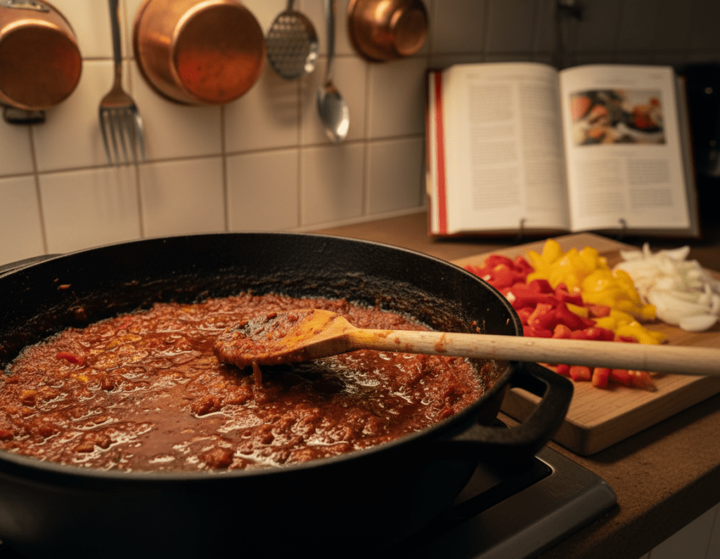 A close-up view of a kitchen countertop featuring a pot of Schaschlik sauce that appears slightly burnt and has separated, illustrating the common mistakes in preparation. In the foreground, a wooden spoon rests against the pot, with splatters of sauce visible. The middle ground shows chopped vegetables, such as bell peppers and onions, that are fresh, contrasting with the sauce. In the background, a blurred kitchen environment with utensils hanging and a soft focus on a recipe book, hinting at culinary exploration. The lighting is warm and inviting, with soft highlights reflecting off the sauce, evoking a cozy but cautionary atmosphere. The composition should have a shallow depth of field to emphasize the sauce's texture and imperfections. A close-up view of a kitchen countertop featuring a pot of Schaschlik sauce that appears slightly burnt and has separated, illustrating the common mistakes in preparation. In the foreground, a wooden spoon rests against the pot, with splatters of sauce visible. The middle ground shows chopped vegetables, such as bell peppers and onions, that are fresh, contrasting with the sauce. In the background, a blurred kitchen environment with utensils hanging and a soft focus on a recipe book, hinting at culinary exploration. The lighting is warm and inviting, with soft highlights reflecting off the sauce, evoking a cozy but cautionary atmosphere. The composition should have a shallow depth of field to emphasize the sauce's texture and imperfections.