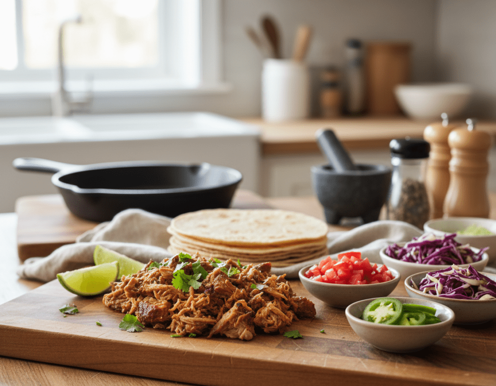 A close-up view of a kitchen countertop featuring a vibrant spread of ingredients for pulled pork tacos. In the foreground, a rustic wooden cutting board holds succulent, shredded pulled pork, topped with fresh cilantro and a drizzle of zesty lime juice. Beside it, colorful toppings include diced tomatoes, crunchy cabbage slaw, and jalapeño slices, all neatly arranged in small bowls. The middle ground features soft corn tortillas, gently heated, ready for assembly. In the background, a well-lit kitchen showcases preparation tools like a skillet and various spices, evoking a warm, inviting atmosphere. The lighting is bright and natural, creating a cheerful mood, with a shallow depth of field emphasizing the freshness of the ingredients. The scene does not contain any text or overlays.
