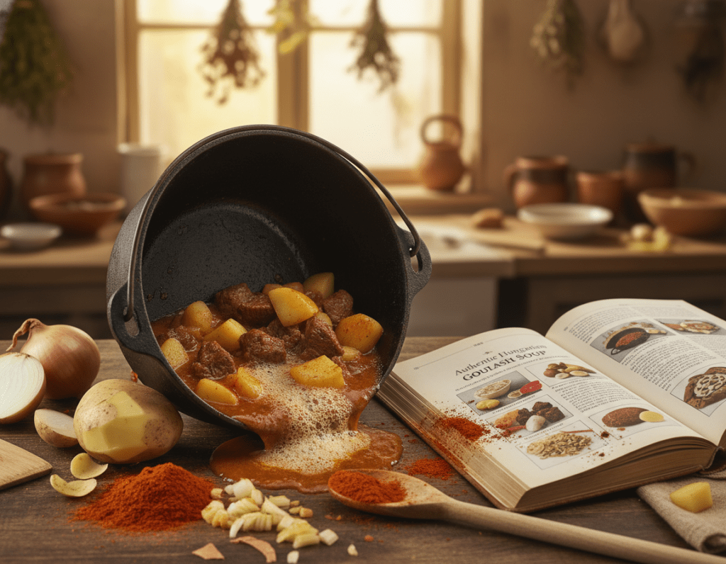 A close-up view of a kitchen countertop showcasing the preparation of gulaschsuppe, highlighting common cooking mistakes. On the foreground, a pot is bubbling over with a thick, reddish-brown gulaschsuppe, with visible chunks of potatoes and meat. Beside it, a spilled amount of paprika powder and chopped onions scattered messily. In the middle, a wooden spoon rests askew, and a partially cut potato lays next to an open cookbook showing a page on gulaschsuppe. In the background, a warm, rustic kitchen with hanging herbs and soft ambient lighting, creating a cozy but chaotic atmosphere. The angle is slightly overhead, capturing both the action and the mess, emphasizing the theme of cooking errors. A close-up view of a kitchen countertop showcasing the preparation of gulaschsuppe, highlighting common cooking mistakes. On the foreground, a pot is bubbling over with a thick, reddish-brown gulaschsuppe, with visible chunks of potatoes and meat. Beside it, a spilled amount of paprika powder and chopped onions scattered messily. In the middle, a wooden spoon rests askew, and a partially cut potato lays next to an open cookbook showing a page on gulaschsuppe. In the background, a warm, rustic kitchen with hanging herbs and soft ambient lighting, creating a cozy but chaotic atmosphere. The angle is slightly overhead, capturing both the action and the mess, emphasizing the theme of cooking errors.