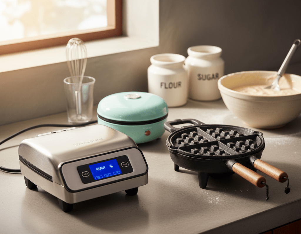 A close-up view of a modern kitchen countertop featuring three different types of waffle makers, clearly displaying their unique designs and functionalities. In the foreground, a sleek, stainless steel waffle iron with a digital display, next to a classic cast iron model with a rustic finish, and a compact, colorful electric waffle maker. The kitchen is bright and warm, with natural light streaming through a window, highlighting the textures of the appliances. The background includes soft-focus elements like flour canisters, a whisk, and a bowl of batter to create a homely and inviting atmosphere. Capture a sense of comparison as the waffle makers are positioned side by side, emphasizing their individual features, with a cozy, inviting feel perfect for family cooking.