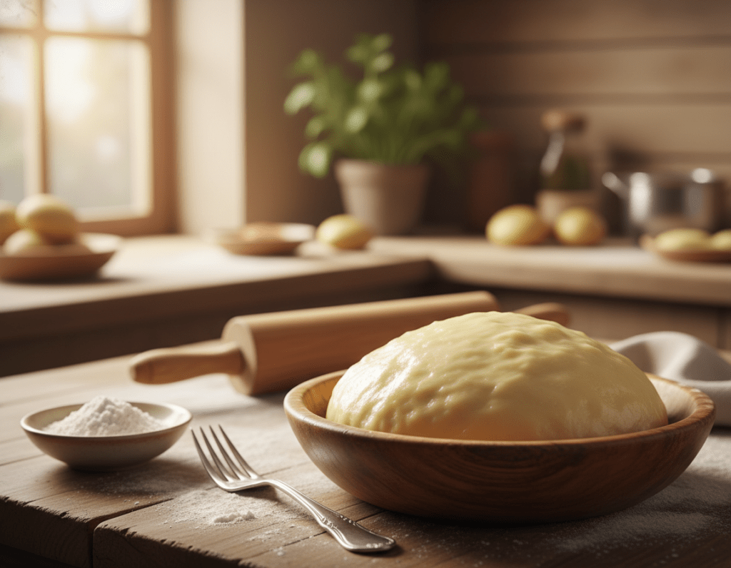A close-up view of a perfectly mixed potato dumpling dough, showcasing its ideal, smooth, and elastic consistency. In the foreground, a wooden bowl filled with the dough prominently displays its glossy, pale yellow texture. Beside the bowl, clean kitchen tools like a fork and a small dish of flour add context to the scene. In the middle ground, a rolling pin and a dusting of flour are lightly scattered on a rustic wooden countertop, hinting at the preparation process. The background features a softly lit kitchen with warm, inviting tones and subtle hints of herbs or potatoes, creating a cozy cooking atmosphere. Natural light streams in from a nearby window, illuminating the dough and casting gentle shadows. The overall mood is warm, inviting, and homey, perfect for a culinary exploration. A close-up view of a perfectly mixed potato dumpling dough, showcasing its ideal, smooth, and elastic consistency. In the foreground, a wooden bowl filled with the dough prominently displays its glossy, pale yellow texture. Beside the bowl, clean kitchen tools like a fork and a small dish of flour add context to the scene. In the middle ground, a rolling pin and a dusting of flour are lightly scattered on a rustic wooden countertop, hinting at the preparation process. The background features a softly lit kitchen with warm, inviting tones and subtle hints of herbs or potatoes, creating a cozy cooking atmosphere. Natural light streams in from a nearby window, illuminating the dough and casting gentle shadows. The overall mood is warm, inviting, and homey, perfect for a culinary exploration.