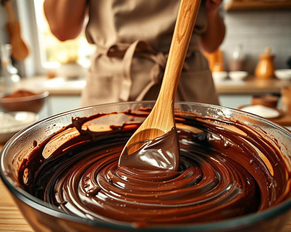 A close-up view of a person in a modest apron, vigorously stirring a rich, dark chocolate batter in a large mixing bowl. The foreground features a wooden spoon embedded in the glossy, smooth mixture, with a few drops of chocolate splattering artistically onto the surrounding surface. In the middle, the bright kitchen environment glows with warm, natural light streaming in from a nearby window, highlighting the tantalizing texture of the batter. In the background, there are baking utensils and ingredients like flour, sugar, and cocoa powder, neatly arranged on a countertop, evoking a sense of homely charm. The mood is inviting and cozy, ideal for showcasing the joy of baking a Swedish chocolate cake. Focus on vibrant colors and soft focus effects to enhance the overall atmosphere.
