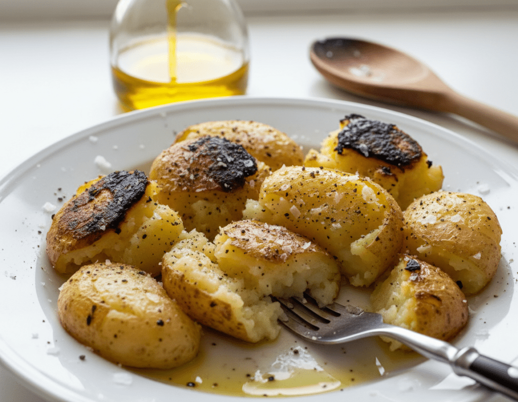 A close-up view of a plate of smashed potatoes with visible preparation errors. The potatoes appear overly watery and lack a crispy texture, with some parts being burnt while others are undercooked. Various seasonings like salt and pepper are scattered haphazardly around the dish, emphasizing the mistakes. In the foreground, a fork rests beside the plate, partially pressing down on a smashed potato, creating an unappealing look. In the middle background, there are kitchen utensils like a wooden spoon and a drizzling of olive oil, hinting at the preparation mistakes. The lighting is bright and natural, casting soft shadows, showcasing the imperfections of the dish. The atmosphere feels casual and somewhat frustrated, reflecting common errors made in cooking smashed potatoes.