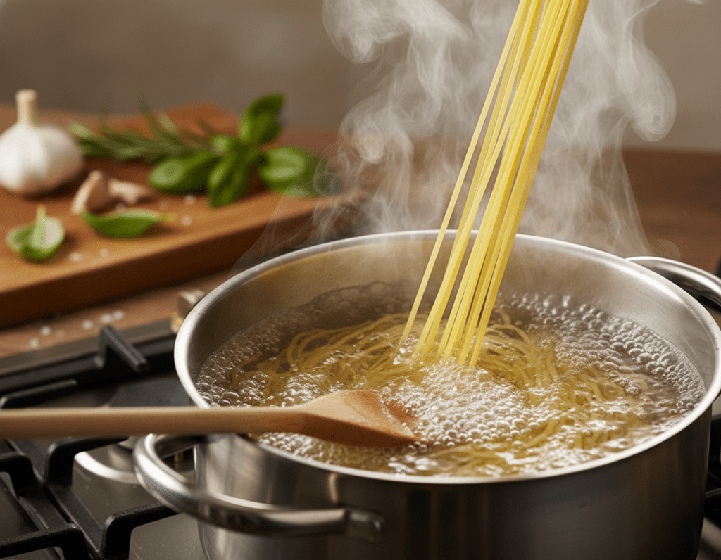 A close-up view of a pot of boiling water on a stovetop, with strands of spaghetti being added in a graceful arc, demonstrating the process of cooking al dente pasta. In the foreground, a wooden spoon rests against the side of the pot, with steam rising in delicate swirls, creating a warm and inviting atmosphere. The middle ground features the bubbling water and the half-submerged spaghetti, showcasing its texture and color. The background is softly blurred, depicting a cozy kitchen environment with subtle hints of herbs and garlic scattered on a cutting board. The lighting is soft and warm, highlighting the shiny surface of the pasta and creating an inviting mood. The angle captures the action from a slightly elevated perspective, drawing the viewer into the cooking moment.