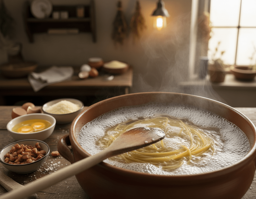 A close-up view of a pot of boiling water with spaghetti immersed, capturing the moment when pasta is perfectly al dente and releasing starchy bubbles. In the foreground, a wooden spoon gently stirs the pasta, emphasizing the importance of pasta water in the preparation of authentic Carbonara. The middle ground features small bowls of ingredients like freshly cracked eggs, grated Pecorino cheese, and crispy guanciale arranged artfully, with a shimmer of steam rising from the pot. In the background, a rustic kitchen setting with warm, inviting lighting enhances the atmosphere, featuring wooden countertops and herbs in soft focus. The image conveys a cozy, home-cooked vibe, reflecting the essence of traditional Italian cuisine.