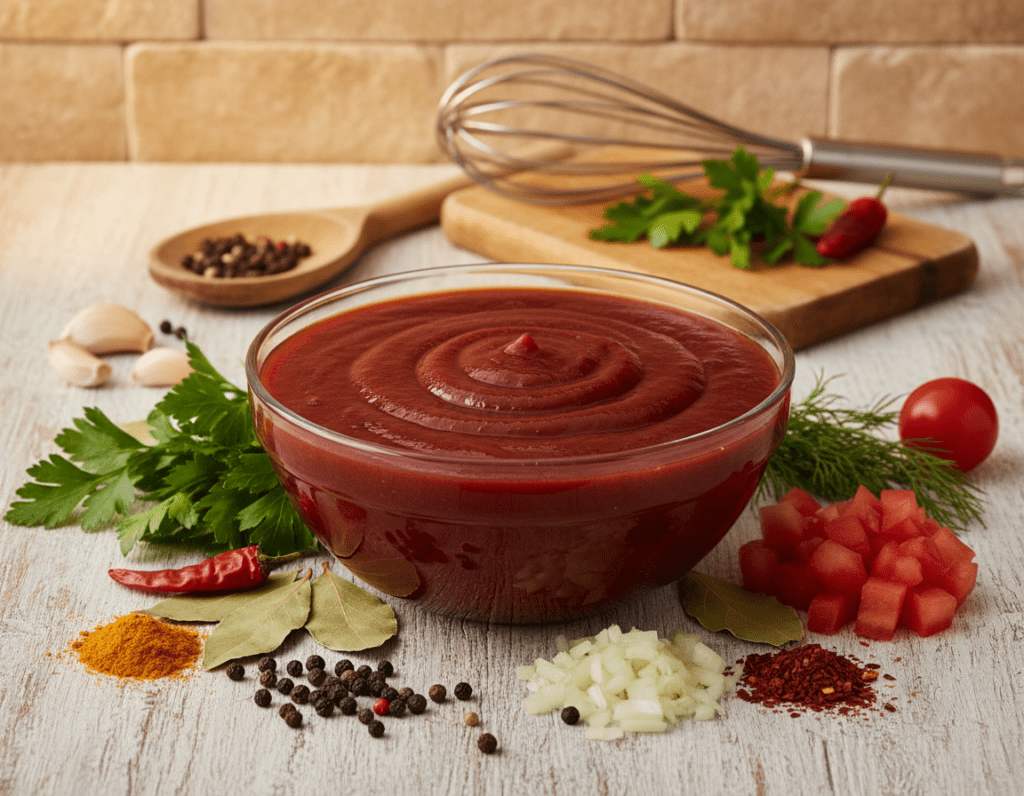 A close-up view of a rich and thick Schaschlik sauce in a glass bowl, with a glossy sheen that highlights its consistency. Surrounding the bowl are various ingredients used to make the sauce—fresh herbs, spices, and diced tomatoes, arranged aesthetically. In the background, a rustic kitchen countertop embellished with wooden utensils and a small chopping board creates a warm, inviting atmosphere. Soft, warm lighting creates an appetizing glow over the scene, highlighting the texture of the sauce and its ingredients. The angle of the shot is slightly overhead, emphasizing the depth and richness of the sauce while keeping the focus clear and detailed. The mood is cozy and homely, perfect for a cooking environment. A close-up view of a rich and thick Schaschlik sauce in a glass bowl, with a glossy sheen that highlights its consistency. Surrounding the bowl are various ingredients used to make the sauce—fresh herbs, spices, and diced tomatoes, arranged aesthetically. In the background, a rustic kitchen countertop embellished with wooden utensils and a small chopping board creates a warm, inviting atmosphere. Soft, warm lighting creates an appetizing glow over the scene, highlighting the texture of the sauce and its ingredients. The angle of the shot is slightly overhead, emphasizing the depth and richness of the sauce while keeping the focus clear and detailed. The mood is cozy and homely, perfect for a cooking environment.