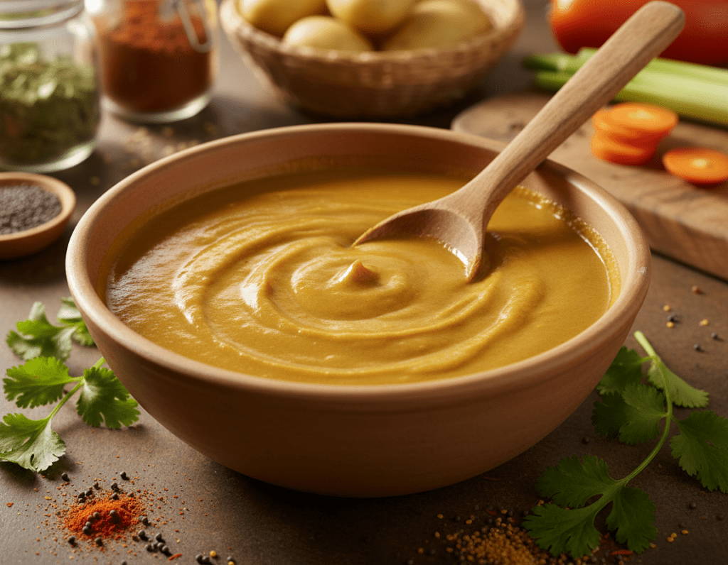 A close-up view of a rich, creamy curry sauce in a rustic ceramic bowl, showcasing its perfect velvety consistency. The sauce is a deep golden-yellow, glistening under soft, natural light that highlights its texture. In the foreground, a wooden spoon rests gently against the bowl, partially immersed in the sauce, suggesting a recent stirring. Surrounding the bowl, there are fresh herbs like cilantro and a sprinkle of spices, adding vibrant green and earthy tones to the scene. The background is softly blurred, featuring a warm kitchen setting with blurred spices and vegetables, evoking a cozy cooking atmosphere. The composition should feel inviting and warm, emphasizing the homemade aspect of the curry sauce. A close-up view of a rich, creamy curry sauce in a rustic ceramic bowl, showcasing its perfect velvety consistency. The sauce is a deep golden-yellow, glistening under soft, natural light that highlights its texture. In the foreground, a wooden spoon rests gently against the bowl, partially immersed in the sauce, suggesting a recent stirring. Surrounding the bowl, there are fresh herbs like cilantro and a sprinkle of spices, adding vibrant green and earthy tones to the scene. The background is softly blurred, featuring a warm kitchen setting with blurred spices and vegetables, evoking a cozy cooking atmosphere. The composition should feel inviting and warm, emphasizing the homemade aspect of the curry sauce.