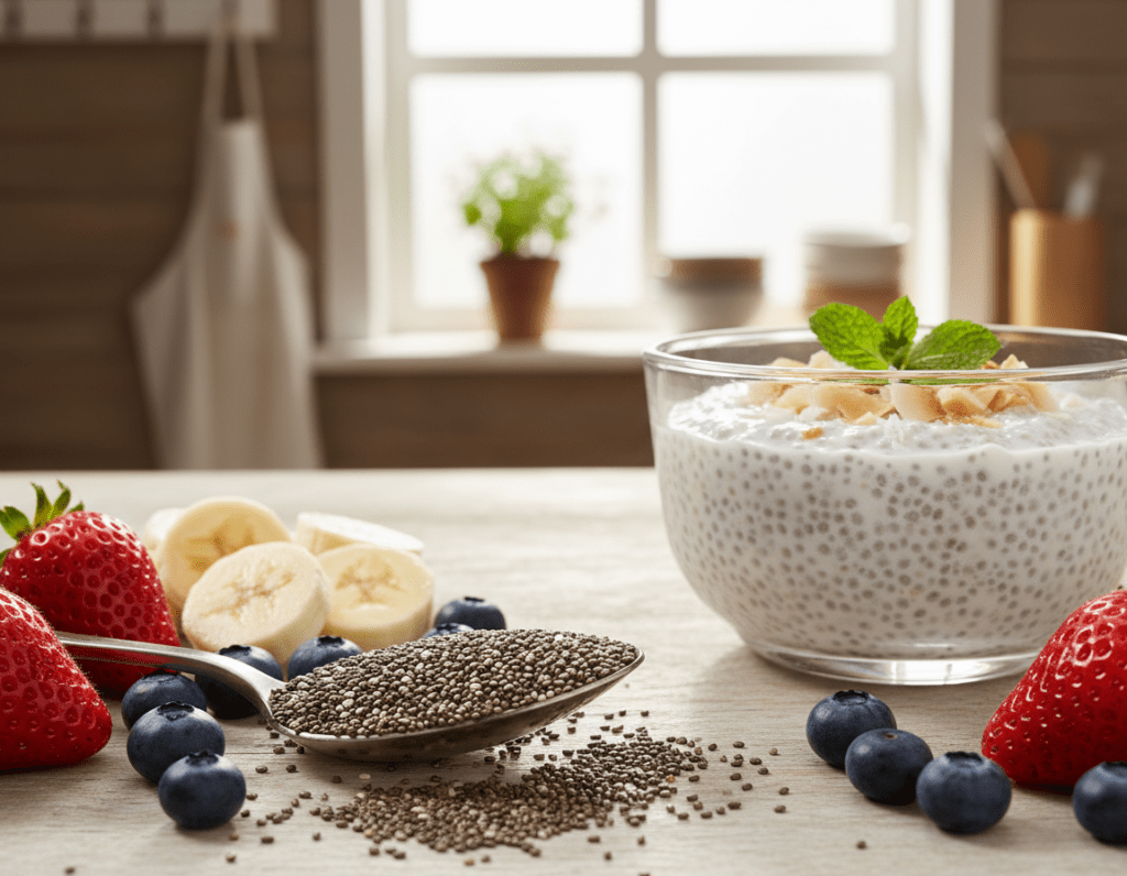 A close-up view of a spoonful of black and white chia seeds resting on a wooden surface, showcasing the texture and detail of the seeds. In the foreground, an array of vibrant, fresh fruits—like strawberries, blueberries, and bananas—surrounds the chia seeds, emphasizing their health benefits. In the middle ground, a small bowl of chia pudding, creamy and inviting, topped with coconut flakes and a sprig of mint, sits alongside. The background features a rustic kitchen setting with soft, natural lighting streaming in from a nearby window, casting gentle shadows. The overall atmosphere is warm and inviting, reflecting the health-conscious and vibrant qualities of chia seeds. The composition should evoke a sense of freshness and well-being, perfect for illustrating their nutritional benefits.