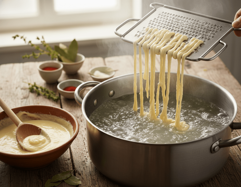 A close-up view of a traditional Spätzlereibe (spaetzle maker) on a rustic wooden kitchen table, highlighted by soft, warm lighting that enhances the textures. In the foreground, finely grated dough falls in delicate strands from the Spätzlereibe into a pot of boiling water, creating a sense of culinary motion. In the middle ground, a wooden spoon rests beside a bowl of freshly mixed spaetzle batter, its smooth consistency evident. The background features a blurred kitchen scene with faint hints of herbs and spices, adding depth and warmth to the atmosphere. The image evokes a homey, inviting mood, perfect for showcasing the art of making spaetzli with the Spätzlereibe.