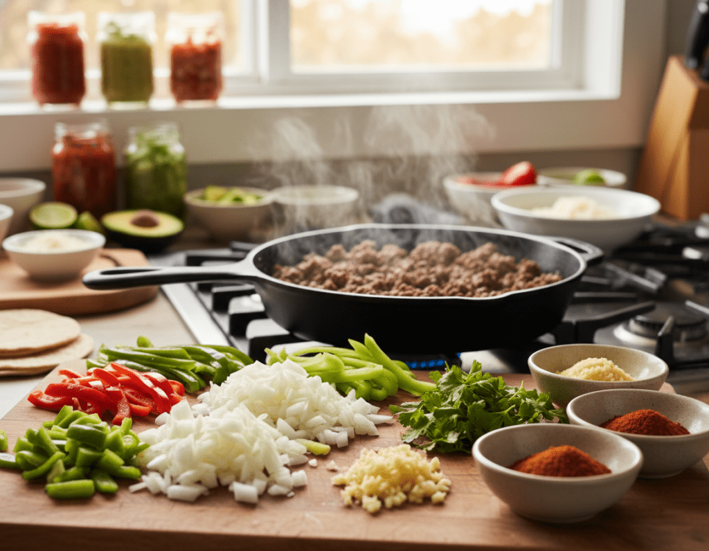 A close-up view of a vibrant kitchen scene showcasing the preparation of taco meat. In the foreground, a wooden cutting board holds finely chopped ingredients: succulent ground beef sizzling in a skillet, surrounded by diced onions, garlic, and bell peppers. Fresh herbs like cilantro and spices such as cumin and chili powder are artfully scattered nearby. In the middle ground, an elegant pan with the rich, browning meat emits steam, while a well-lit window casts warm, natural light across the scene, enhancing the colors. In the background, jars of sauces and fresh toppings like avocados and lime wedges create an inviting atmosphere. The image conveys a sense of warmth, eagerness, and the joy of cooking.