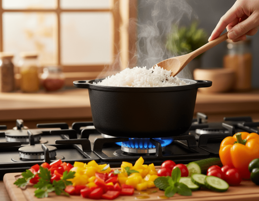 A close-up view of cooking rice for a delicious salad, featuring a pot of simmering white rice over a gas stove. In the foreground, showcase fluffy grains of jasmine rice, with steam rising, and a wooden spoon stirring gently. In the middle ground, include an array of fresh salad ingredients such as colorful diced bell peppers, crisp cucumber, cherry tomatoes, and herbs, beautifully arranged on a cutting board. The background should have a softly blurred kitchen setting, with warm ambient lighting highlighting the cooking process. Capture the mood of a healthy, vibrant kitchen environment, evoking a sense of preparation and anticipation for creating the perfect rice salad.