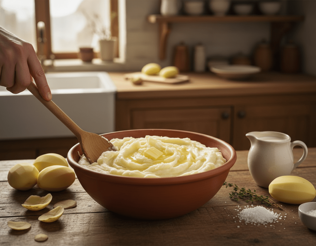 A close-up view of creamy, fluffy mashed potatoes being prepared in a rustic kitchen setting. In the foreground, a hand gently stirs the mashed potatoes in a large, attractive mixing bowl, showcasing a smooth texture with visible pats of butter melting into the puree. The middle ground features a wooden countertop with scattered ingredients such as peeled potatoes, a small container of cream, and salt. In the background, a warm, inviting kitchen with wooden cabinets and soft, ambient lighting creates a cozy atmosphere. The scene is shot from a slightly elevated angle to capture the creamy details and the inviting preparation process, evoking a sense of comfort and homemade goodness. A close-up view of creamy, fluffy mashed potatoes being prepared in a rustic kitchen setting. In the foreground, a hand gently stirs the mashed potatoes in a large, attractive mixing bowl, showcasing a smooth texture with visible pats of butter melting into the puree. The middle ground features a wooden countertop with scattered ingredients such as peeled potatoes, a small container of cream, and salt. In the background, a warm, inviting kitchen with wooden cabinets and soft, ambient lighting creates a cozy atmosphere. The scene is shot from a slightly elevated angle to capture the creamy details and the inviting preparation process, evoking a sense of comfort and homemade goodness.