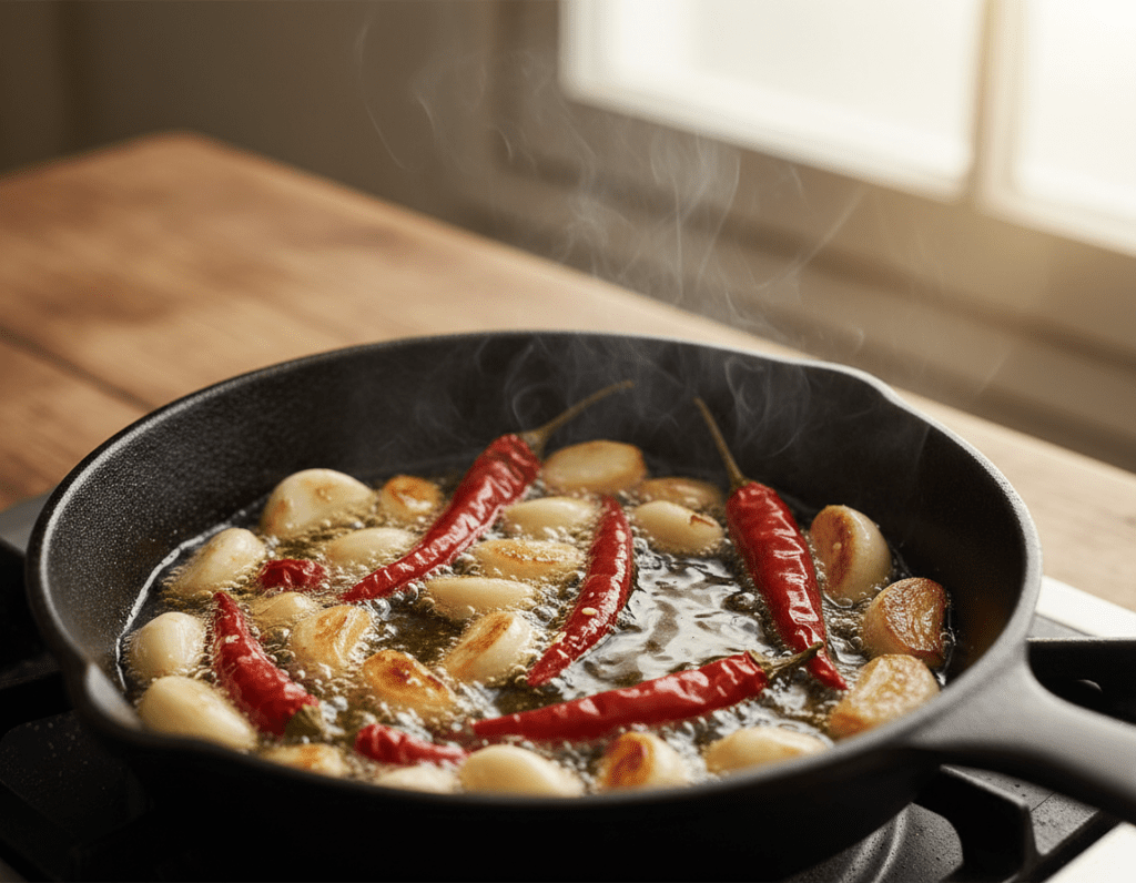 A close-up view of fresh garlic cloves and vibrant red chili peppers sizzling in a small skillet, immersed in golden olive oil. The garlic is just beginning to turn golden brown, sending delicate wisps of aromatic steam into the air. The colors of the garlic and chili should contrast beautifully against the shimmering oil, capturing the essence of cooking. In the background, a softly blurred wooden table hints at a cozy kitchen setting, while warm, natural light filters through a nearby window, creating an inviting atmosphere. The image should evoke the homey, tantalizing mood of preparing a delicious dish, with a focus on texture and detail, ensuring no text or markings are present.