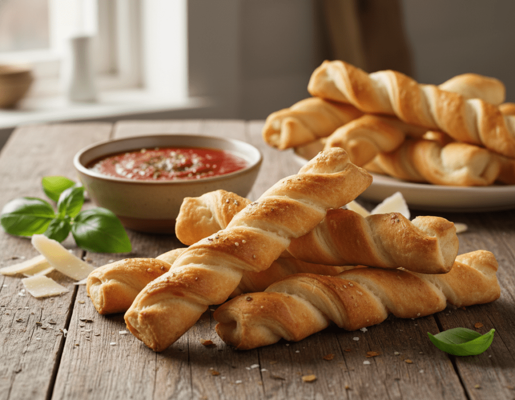 A close-up view of freshly baked Pizzastangen, golden-brown and perfectly twisted, displayed on a rustic wooden table. The foreground features a few Pizzastangen stacked artistically, their flaky texture glistening with a light sheen of olive oil. In the middle, a small bowl of marinara sauce is elegantly placed, with a sprinkle of herbs on top. Scattered around are fresh basil leaves and a few grated cheese shavings, adding vibrant green and white accents. The background features a cozy kitchen setting with soft, warm lighting pouring in from a nearby window, illuminating the scene and creating a homey, inviting atmosphere. The overall mood conveys comfort and deliciousness, highlighting why Pizzastangen are a beloved snack.