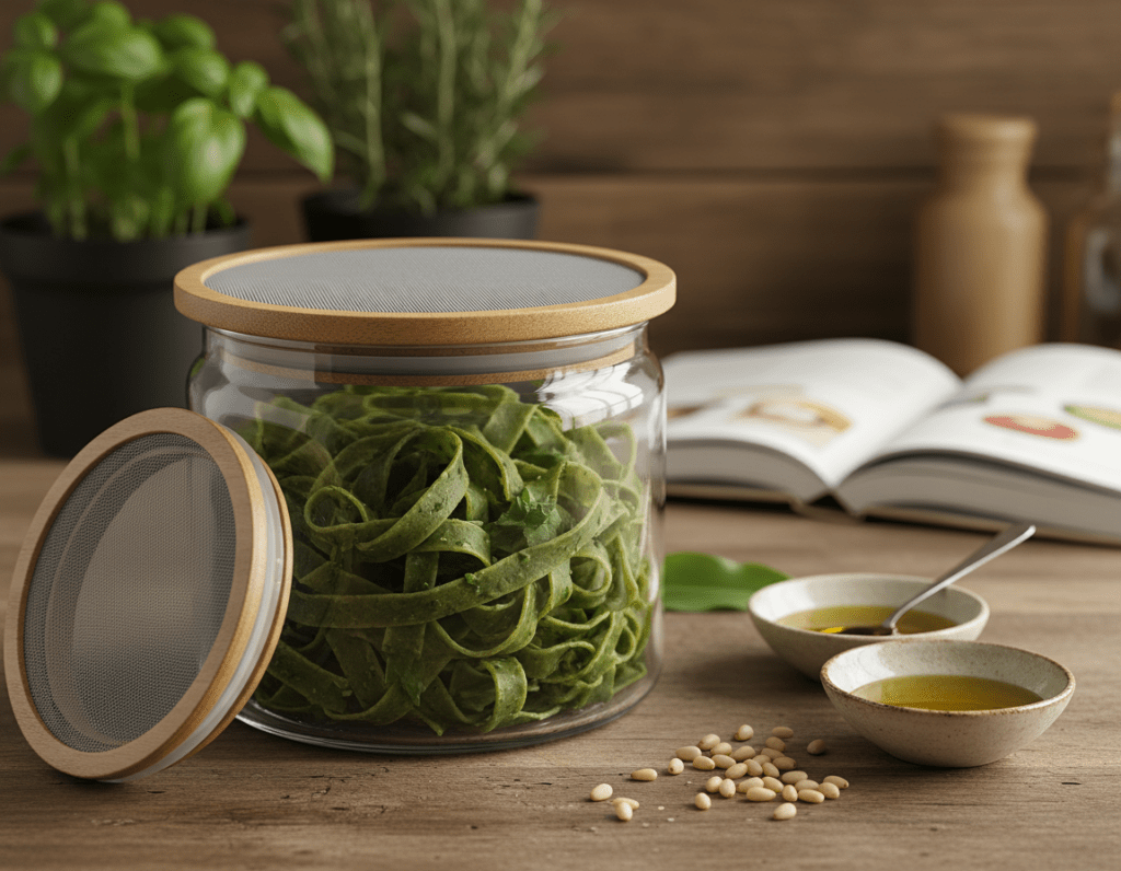 A close-up view of freshly made wild garlic pasta delicately arranged in a glass container, highlighting vibrant green colors of the pasta mixed with freshly chopped wild garlic leaves. In the foreground, the container is sealed with a breathable lid, hinting at optimal preservation. In the middle ground, a rustic wooden countertop is adorned with scattered pine nuts and a small bowl of olive oil, enhancing the culinary atmosphere. The background shows a softly lit kitchen setting with blurred herbs and a hint of a recipe book, evoking a warm and inviting ambiance. Use soft natural lighting to create a fresh, inviting mood, captured with a shallow depth of field to focus on the pasta and preservation details, reflecting the essence of freshness and sustainability in food storage.
