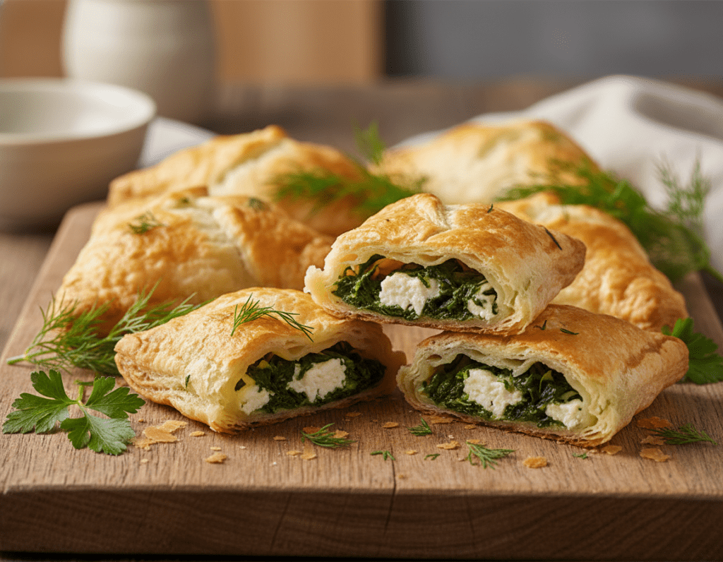 A close-up view of golden, flaky spinach and feta puff pastries, showcasing their delicate, crinkled edges and a slightly glossy finish from being freshly baked. The pastries are arranged artistically on a rustic wooden board, with a few individual pockets cut open to reveal the vibrant green spinach mixed with crumbled feta cheese. In the background, a soft-focus kitchen setting with warm lighting enhances the inviting, homey atmosphere. Fresh herbs, such as dill and parsley, are scattered around for added color and appeal. The composition captures a sense of warmth and comfort, making it ideal for a delectable, savory finger food presentation.