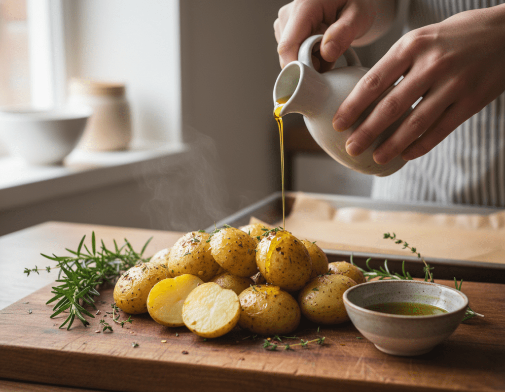 A close-up view of hands preparing oven-baked potatoes, drizzling high-quality olive oil over them. The foreground features a rustic wooden cutting board with golden-brown potatoes arranged neatly, some cut in half to reveal their fluffy interiors. In the middle, a small bowl of extra virgin olive oil with fresh herbs and spices nearby. The background softly blurs to reveal a warm kitchen with cozy lighting, highlighting a baking tray ready to receive the seasoned potatoes. The atmosphere feels inviting and homely, suggesting the comforting allure of home-cooked meals. Use natural lighting to enhance the textures and colors, capturing the essence of a culinary secret revealed in a warm, relaxed setting. A close-up view of hands preparing oven-baked potatoes, drizzling high-quality olive oil over them. The foreground features a rustic wooden cutting board with golden-brown potatoes arranged neatly, some cut in half to reveal their fluffy interiors. In the middle, a small bowl of extra virgin olive oil with fresh herbs and spices nearby. The background softly blurs to reveal a warm kitchen with cozy lighting, highlighting a baking tray ready to receive the seasoned potatoes. The atmosphere feels inviting and homely, suggesting the comforting allure of home-cooked meals. Use natural lighting to enhance the textures and colors, capturing the essence of a culinary secret revealed in a warm, relaxed setting.
