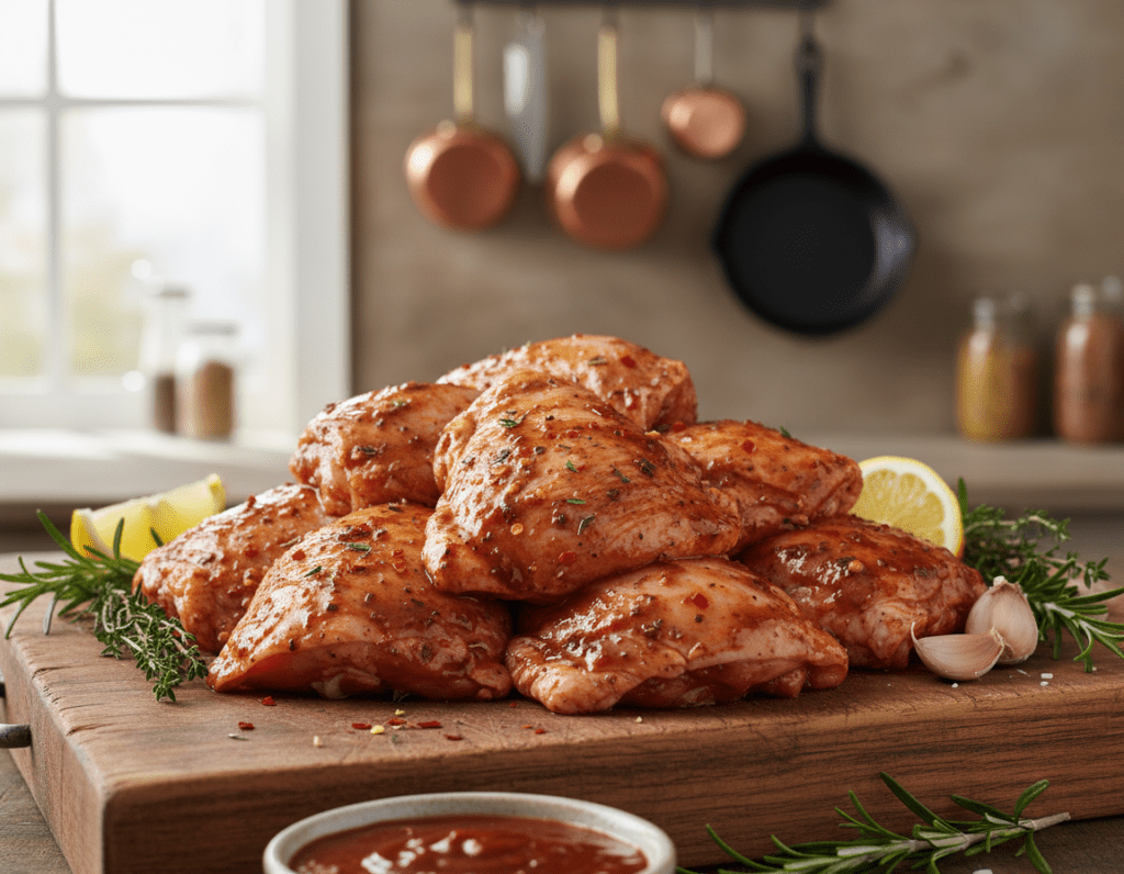 A close-up view of marinated chicken thighs glistening in a rich, flavorful marinade. The chicken is set on a rustic wooden cutting board, surrounded by fresh herbs like rosemary and thyme, with garlic cloves and slices of lemon for added color and texture. The foreground captures the vibrant hues of the marinade, showcasing deep browns and reds infused with spices. In the middle, natural light highlights the sheen of the marinade, creating an appetizing contrast against the wooden surface. The background is softly blurred, featuring a cozy kitchen setting with pots and pans, evoking a warm and inviting atmosphere. The image should convey the essence of culinary artistry and the importance of a good marinade in enhancing flavor.