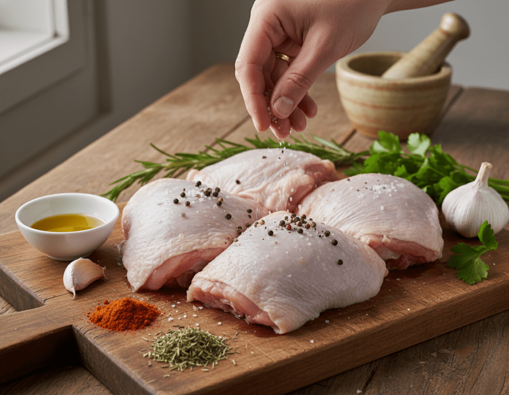 A close-up view of raw chicken thighs on a wooden cutting board, surrounded by essential preparation items like fresh herbs, garlic cloves, and a small bowl of olive oil. The foreground features a hand gently sprinkling salt and pepper over the chicken, emphasizing the marinating process. In the middle, a vibrant arrangement of colorful spices such as paprika and thyme adds visual interest, while a rustic kitchen counter serves as a backdrop. Soft, natural light streams in from a nearby window, casting gentle shadows and highlighting the textures of the chicken and ingredients. The overall mood is inviting and homey, conveying a sense of culinary preparation and excitement for cooking.