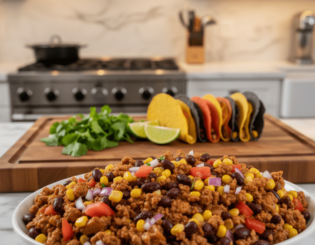 A close-up view of taco filling in an elegant, polished kitchen setting. In the foreground, a vibrant mixture of seasoned ground beef, black beans, diced tomatoes, corn, and finely chopped onions, showcasing a creamy texture and juiciness that highlights the ideal consistency. In the middle, a wooden cutting board surrounded by fresh cilantro, lime wedges, and colorful taco shells, reflecting a meticulous preparation process. The background features soft, warm lighting casting gentle shadows, enhancing the inviting atmosphere. A shallow depth of field focuses on the filling while softly blurring the kitchen elements behind, creating a cozy and appetizing mood perfect for a culinary exploration.