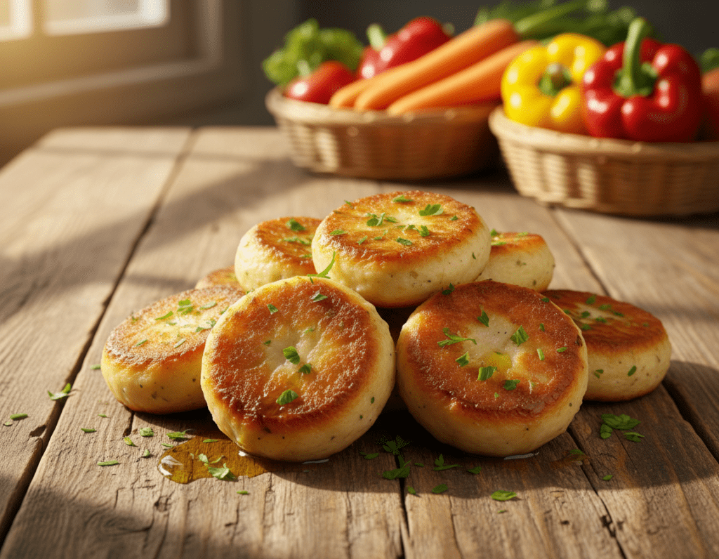 A close-up view of vegan and gluten-free potato dumplings, beautifully arranged on a rustic wooden table. The dumplings are golden brown and slightly crispy, garnished with fresh parsley and a drizzle of olive oil for an appetizing shine. In the background, a soft focus reveals an assortment of vibrant, fresh vegetables like carrots and bell peppers, enhancing the healthy theme. Natural, warm lighting filters through a nearby window, casting gentle shadows and highlighting the textures of the dumplings. The scene is cozy and inviting, capturing the essence of homemade comfort food, perfect for a delightful culinary experience. The angle is slightly overhead to emphasize the dumplings’ round shape and inviting presentation. A close-up view of vegan and gluten-free potato dumplings, beautifully arranged on a rustic wooden table. The dumplings are golden brown and slightly crispy, garnished with fresh parsley and a drizzle of olive oil for an appetizing shine. In the background, a soft focus reveals an assortment of vibrant, fresh vegetables like carrots and bell peppers, enhancing the healthy theme. Natural, warm lighting filters through a nearby window, casting gentle shadows and highlighting the textures of the dumplings. The scene is cozy and inviting, capturing the essence of homemade comfort food, perfect for a delightful culinary experience. The angle is slightly overhead to emphasize the dumplings’ round shape and inviting presentation.