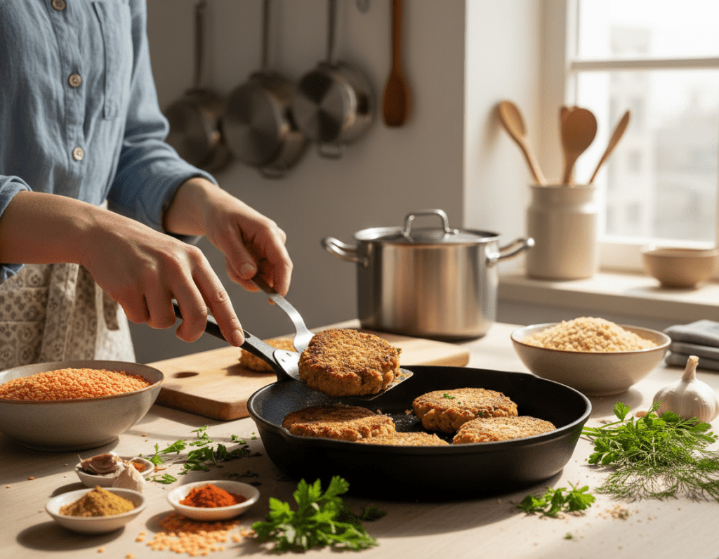A close-up view of vegetarian lentil patties (Rote Linsen Bratlinge) being prepared in a bright, modern kitchen. In the foreground, a skillet sizzles with golden-brown patties, showcasing a range of textures. Fresh herbs are scattered around, and ingredients like lentils, breadcrumbs, and spices are neatly arranged on a wooden counter. The middle ground features hands of a person in modest casual clothing gently flipping the patties with a spatula, emphasizing the cooking process. In the background, kitchen utensils and pots add depth, bathed in warm, natural light from a window, creating a cozy atmosphere. The image exudes a sense of warmth and comfort, perfect for illustrating cooking methods.