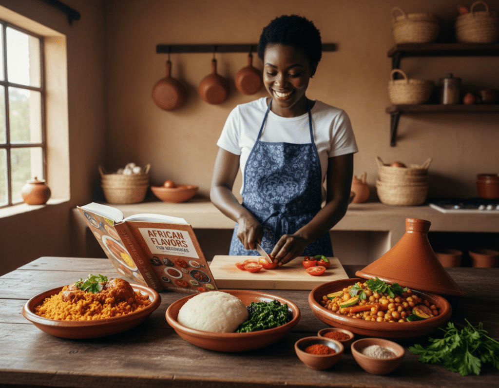 A colorful and inviting kitchen scene showcasing a variety of simple African dishes ideal for beginners. In the foreground, a wooden table is adorned with vibrant dishes like jollof rice, ugali, and vegetable tagine, garnished with fresh herbs. In the middle, a smiling person in modest casual clothing is preparing ingredients, such as tomatoes and spices, with an open cookbook beside them. The background features rustic kitchen decor, including clay pots and woven baskets, creating a warm and welcoming atmosphere. Soft, natural lighting streams in from a window, enhancing the inviting feel of the space. The image captures the essence of cooking and the joy of discovering new cuisines.