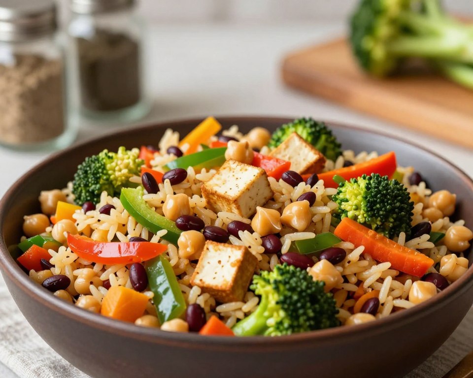 A colorful and vibrant vegetarian rice dish, prominently featuring a medley of protein-rich ingredients such as red lentils, chickpeas, and diced tofu, mixed with an assortment of fresh vegetables including bell peppers, broccoli, and carrots. The dish is artistically arranged in a deep, rustic bowl, capturing its enticing textures and colors. In the background, there are softly blurred kitchen elements like spice jars and a cutting board, hinting at a fresh cooking environment. Warm, soft lighting enhances the inviting appeal, while a shallow depth of field focuses on the rice dish, creating a cozy and wholesome atmosphere. The image conveys a sense of nutritious elegance, perfect for a health-conscious meal.