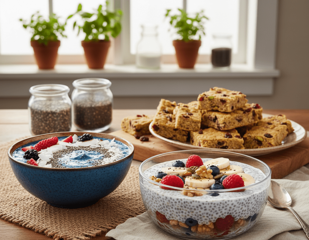 A colorful, inviting tabletop scene featuring chia seeds in various meal forms, showcasing their versatility for different dietary preferences. In the foreground, a clear glass bowl filled with chia seed pudding, topped with fresh fruit and nuts. Beside it, a vibrant smoothie bowl garnished with berries and coconut flakes. In the middle ground, a plate of chia seed energy bars, cut into bite-sized pieces and arranged enticingly. The background features a blurred kitchen setting with soft natural light streaming through a window, creating an airy and wholesome atmosphere. Include a hint of greenery from potted plants to enhance the freshness. The overall mood should be warm and inviting, emphasizing health and creativity in food preparation.
