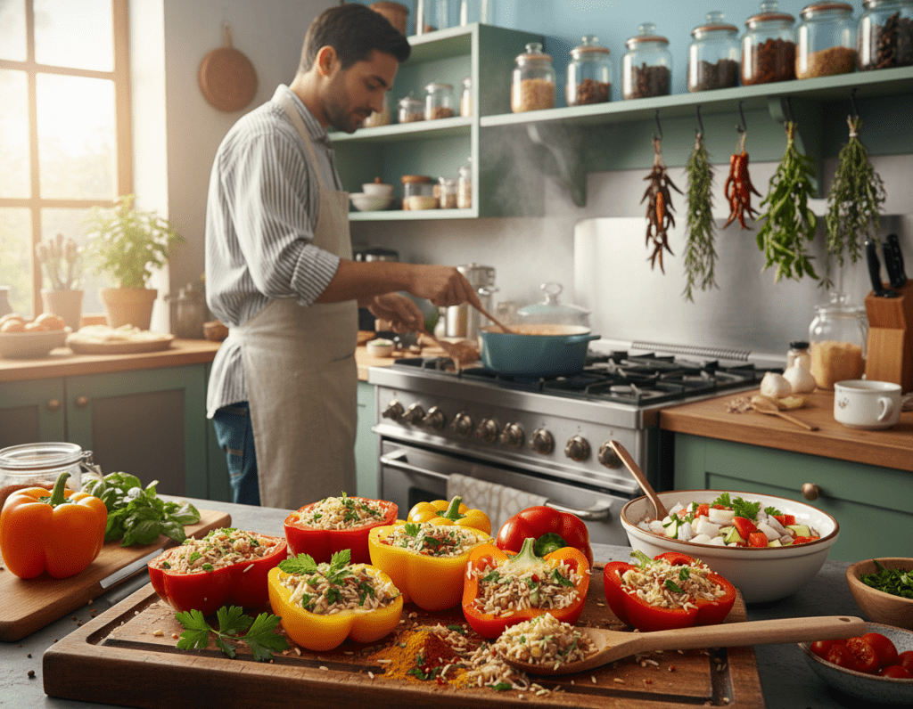 A colorful kitchen scene showcasing the preparation of stuffed bell peppers. In the foreground, a neatly arranged cutting board displays halved bell peppers filled with a mixture of rice, herbs, and spices. A wooden spoon and a bowl of fresh chopped vegetables sit beside them. In the middle ground, a chef in a modest casual outfit carefully stirs a pot on a stovetop, the aroma of rich spices wafting through the air. The background features vibrant kitchen shelves with jars of spices and fresh herbs. Soft, natural lighting streams in from a window, creating a warm and inviting atmosphere, emphasizing the delicious ingredients. Capture the essence of careful meal preparation while avoiding common mistakes in the process.