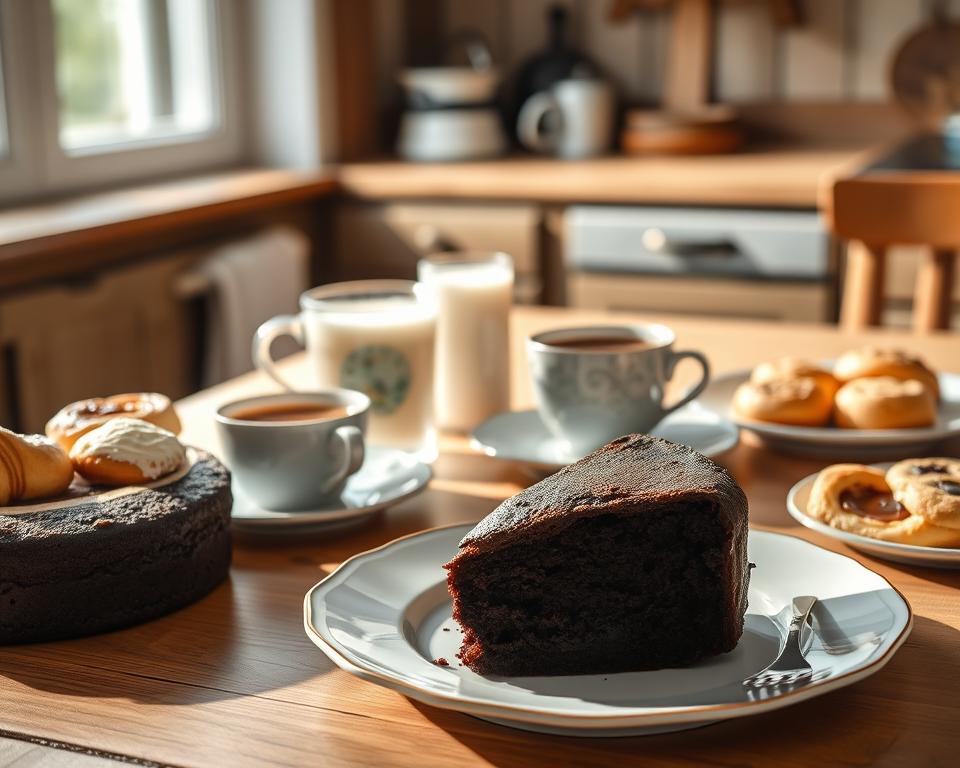 A cozy Swedish Fika setting featuring a beautifully arranged table, adorned with a rich chocolate cake in the foreground, sliced, revealing its moist interior. Surrounding the cake are delicate pastries, such as kanelbullar (cinnamon buns) and pepparkakor (gingerbread cookies), all artistically displayed on elegant porcelain plates. In the middle ground, a steaming cup of coffee sits beside a glass of cold milk, both inviting and warm. Soft light filters through a nearby window, casting gentle shadows and creating a warm, inviting atmosphere. The background is softly blurred, hinting at a rustic kitchen with wooden accents, enhancing the serene, homely vibe of a traditional Swedish Fika experience.