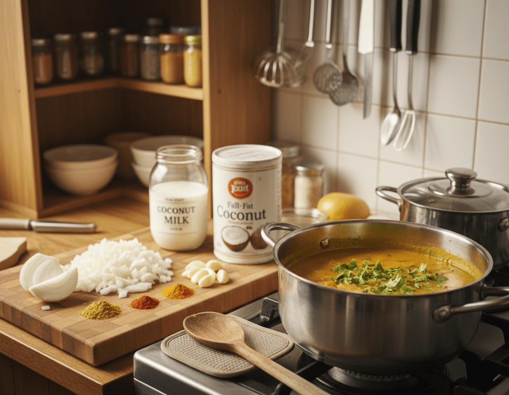 A cozy kitchen scene depicting the meal prep of curry sauce. In the foreground, a large stainless steel pot simmering with vibrant yellow-orange curry sauce, with fresh herbs like cilantro scattered around. A wooden spoon rests beside the pot. In the middle ground, various fresh ingredients like chopped onions, garlic, and spices are neatly arranged on a cutting board along with jars of coconut milk and curry powder. The background features soft-focus kitchen shelves filled with spices and utensils, bathed in warm, inviting lighting. A camera angle from slightly above showcases the delicious preparation process, conveying a sense of warmth and home-cooked comfort, ideal for illustrating the efficiency of meal prep in a loving kitchen setting. A cozy kitchen scene depicting the meal prep of curry sauce. In the foreground, a large stainless steel pot simmering with vibrant yellow-orange curry sauce, with fresh herbs like cilantro scattered around. A wooden spoon rests beside the pot. In the middle ground, various fresh ingredients like chopped onions, garlic, and spices are neatly arranged on a cutting board along with jars of coconut milk and curry powder. The background features soft-focus kitchen shelves filled with spices and utensils, bathed in warm, inviting lighting. A camera angle from slightly above showcases the delicious preparation process, conveying a sense of warmth and home-cooked comfort, ideal for illustrating the efficiency of meal prep in a loving kitchen setting.