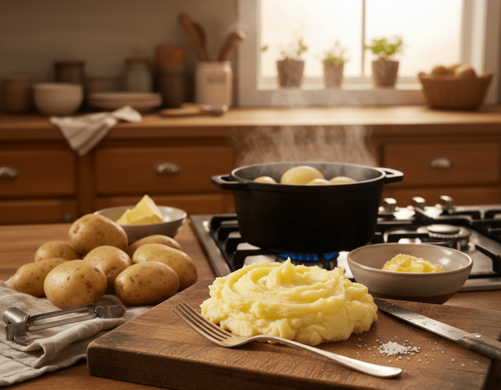 A cozy kitchen scene depicting the preparation of creamy mashed potatoes. In the foreground, a wooden cutting board holds fluffy, perfectly whipped Kartoffelpüree with a silver fork lightly resting beside it. A small pile of unpeeled potatoes is nearby, along with a peeler and a rustic knife. In the middle ground, a pot on a stove simmers with steamy potatoes ready for mashing, and a bowl of melted butter and a sprinkle of salt are visible. The background features warm, soft lighting from a window, casting a golden hue over warm wood cabinets and an inviting atmosphere. The mood is homely and comforting, reflecting the joys of cooking at home. A cozy kitchen scene depicting the preparation of creamy mashed potatoes. In the foreground, a wooden cutting board holds fluffy, perfectly whipped Kartoffelpüree with a silver fork lightly resting beside it. A small pile of unpeeled potatoes is nearby, along with a peeler and a rustic knife. In the middle ground, a pot on a stove simmers with steamy potatoes ready for mashing, and a bowl of melted butter and a sprinkle of salt are visible. The background features warm, soft lighting from a window, casting a golden hue over warm wood cabinets and an inviting atmosphere. The mood is homely and comforting, reflecting the joys of cooking at home.