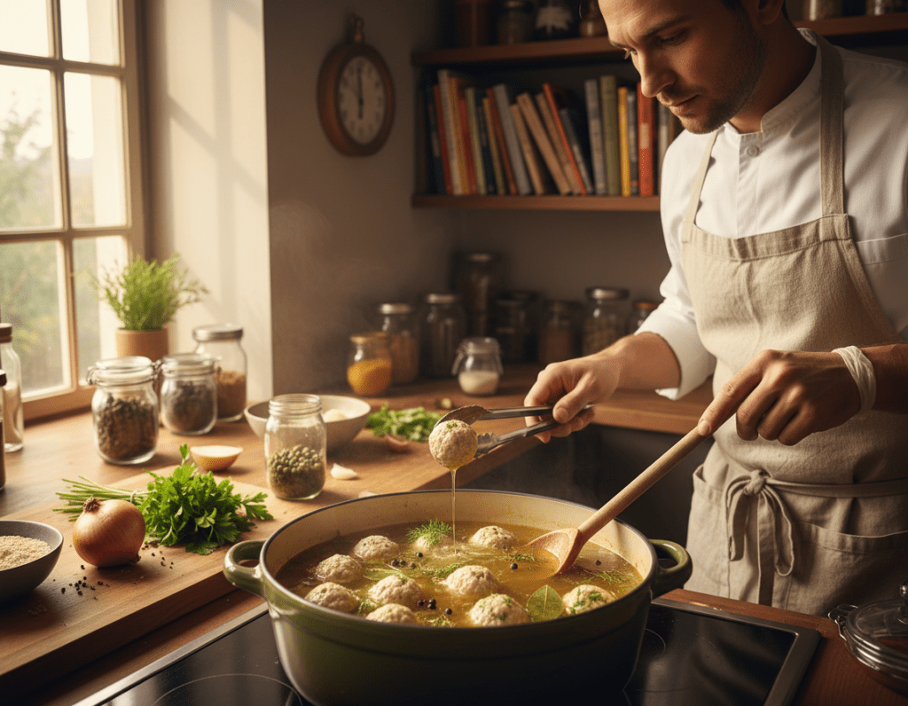 A cozy kitchen scene depicting the process of cooking Königsberger Klopse. In the foreground, a large pot filled with simmering broth, the meatballs delicately floating amidst fragrant herbs. A wooden spoon rests on the edge of the pot, conveying action. In the middle, a chef in a professional apron carefully monitors the cooking, showcasing concentration and expertise. The kitchen is bright and inviting, with warm, filtered sunlight pouring through a window, illuminating the wooden countertop adorned with fresh ingredients like onions, capers, and parsley. In the background, shelves lined with cookbooks and spices add depth to the scene, creating an atmosphere of homely comfort. The overall mood is inviting and warm, ideal for the art of cooking.