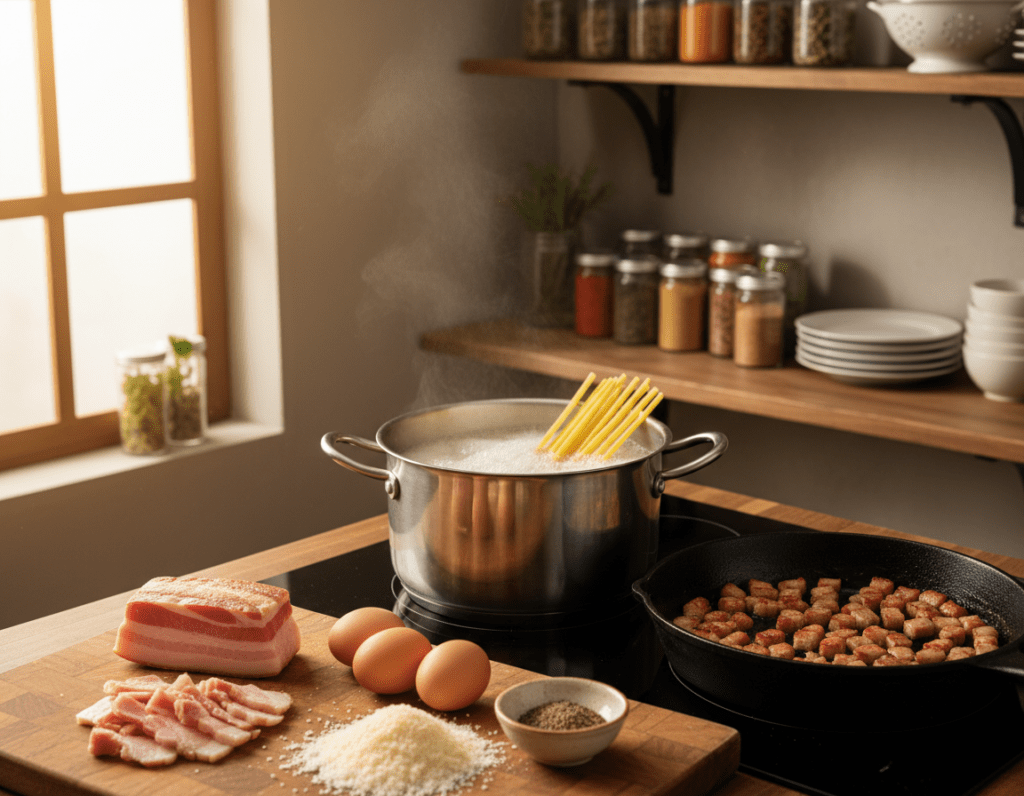 A cozy kitchen scene depicting the process of preparing Carbonara sauce step by step. In the foreground, a wooden cutting board with sliced pancetta and grated Parmesan cheese, surrounded by fresh eggs and a small bowl of black pepper. The middle ground showcases a stove with a pot of boiling pasta, while a skillet simmers with the pancetta. Bright, natural light streams in from a nearby window, creating a warm and inviting atmosphere. In the background, shelves are lined with jars of herbs and spices, adding a homely touch. Capture this scene from a slightly elevated angle to emphasize the ingredients and the cooking process, evoking a sense of culinary creativity and comfort.