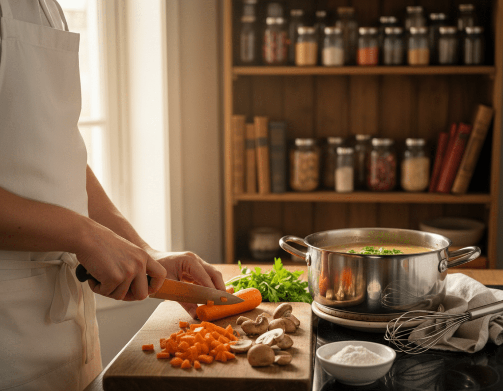 A cozy kitchen scene depicting the process of preparing Frikasseesauce. In the foreground, a chef wearing a neat apron, focused on chopping fresh vegetables like carrots and mushrooms on a wooden cutting board. The middle ground features a gleaming pot simmering with a creamy sauce, herbs scattered around to enhance the flavor. A whisk is resting nearby, and a small bowl of flour stands ready for thickening. The background shows shelves stocked with spices and cookbooks, softly blurred to emphasize the foreground action. Warm, natural lighting streams through a window, creating an inviting atmosphere. The camera angle captures the chef in a three-quarters view, highlighting both their concentration and the delicious ingredients.